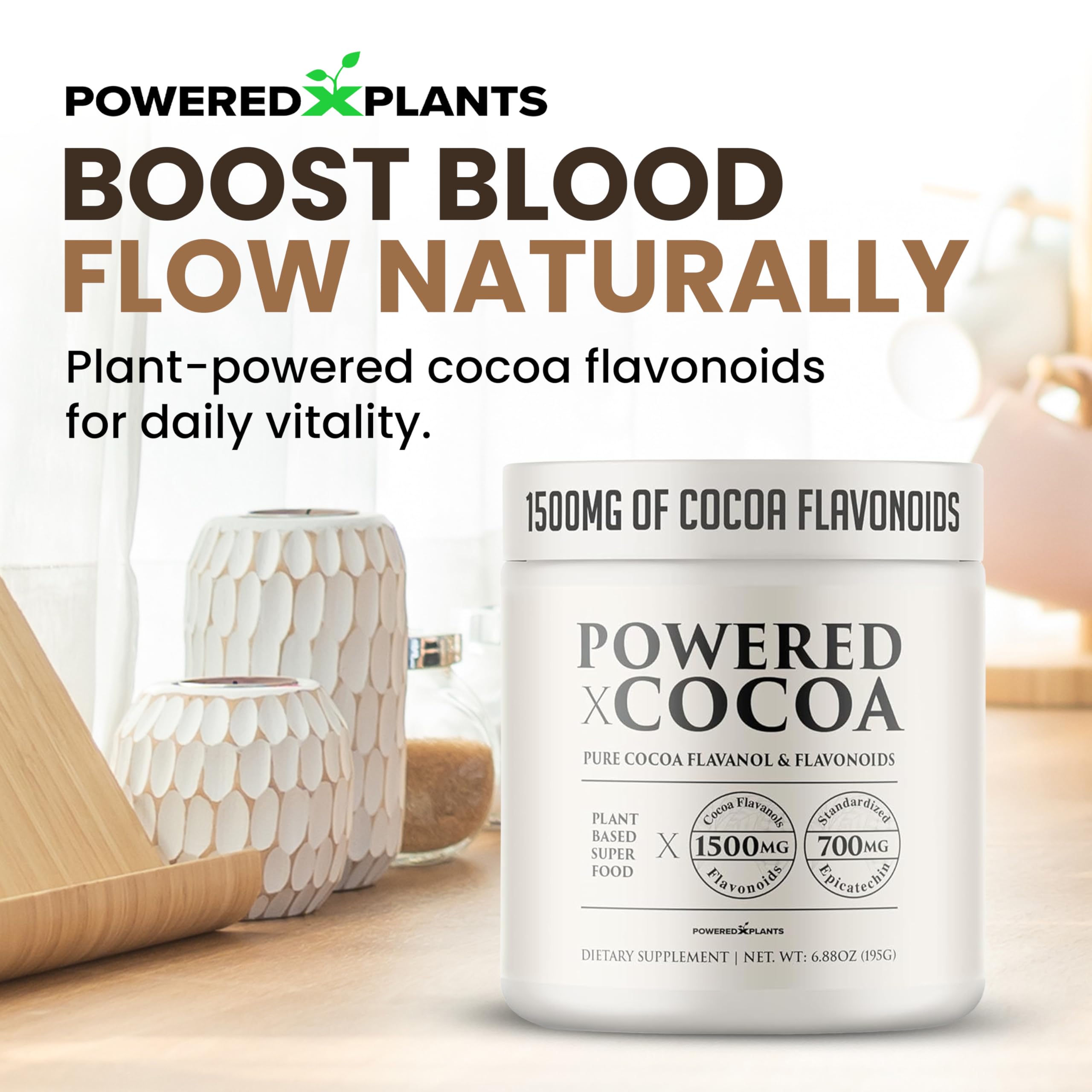 POWERED X PLANTS cocoa powder scoop in dish highlights convenient daily serving.