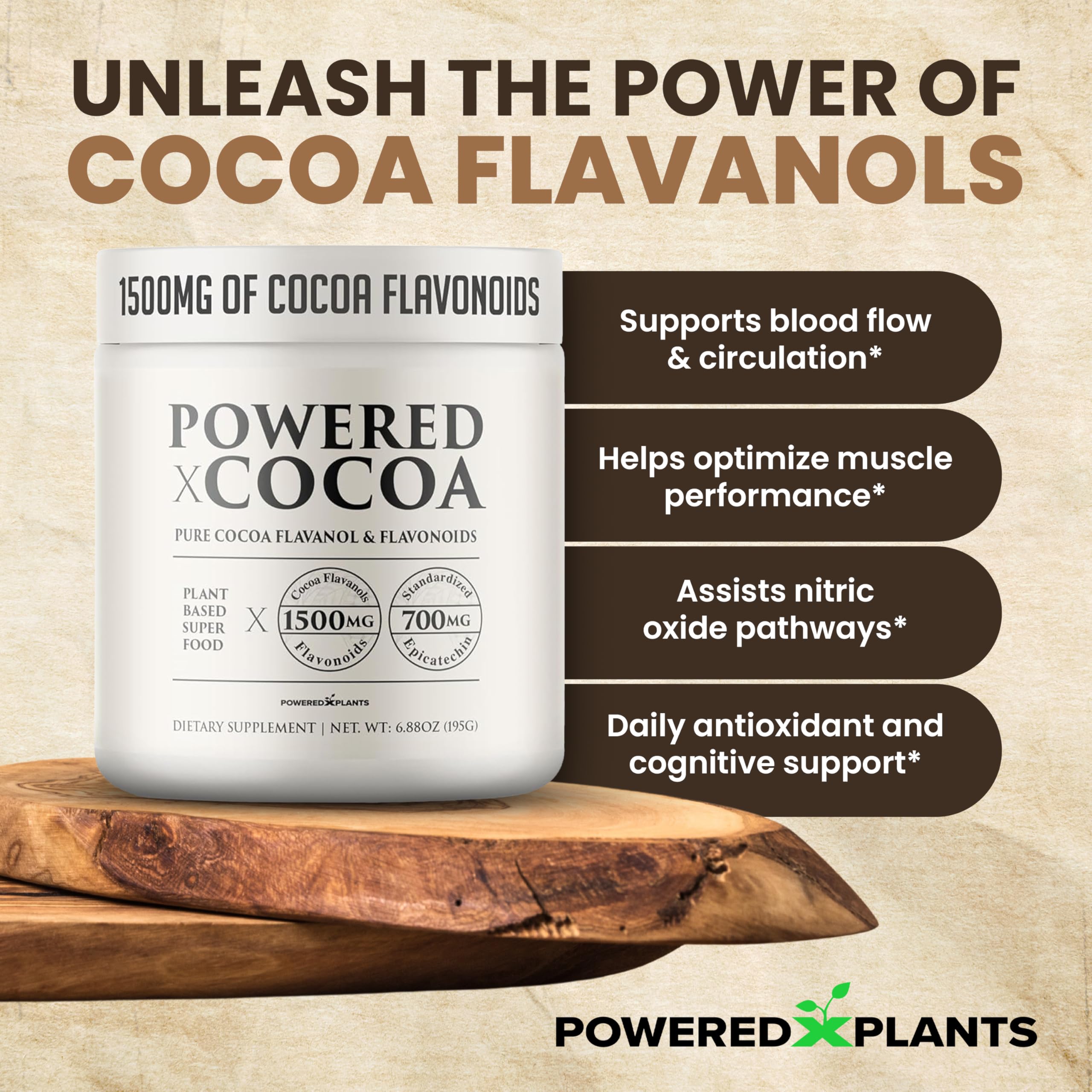 POWERED X PLANTS epicatechin boost graphic emphasizes brain and heart wellness potential.