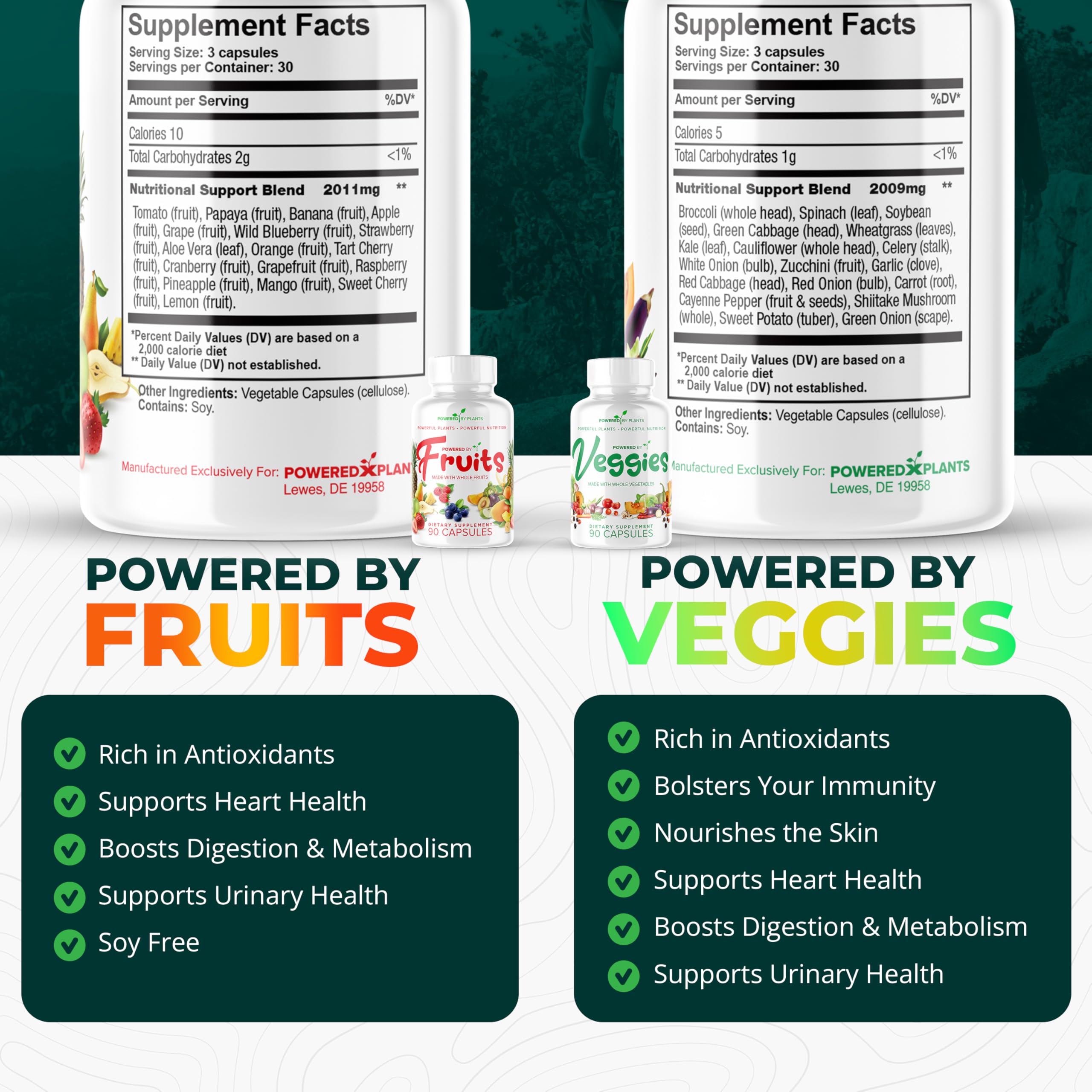 POWERED X PLANTS bottle back lists ingredients and USA-made production.