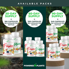 Powered by Plants Daily Fruits and Veggies container emphasizes vegan, non-GMO capsules.