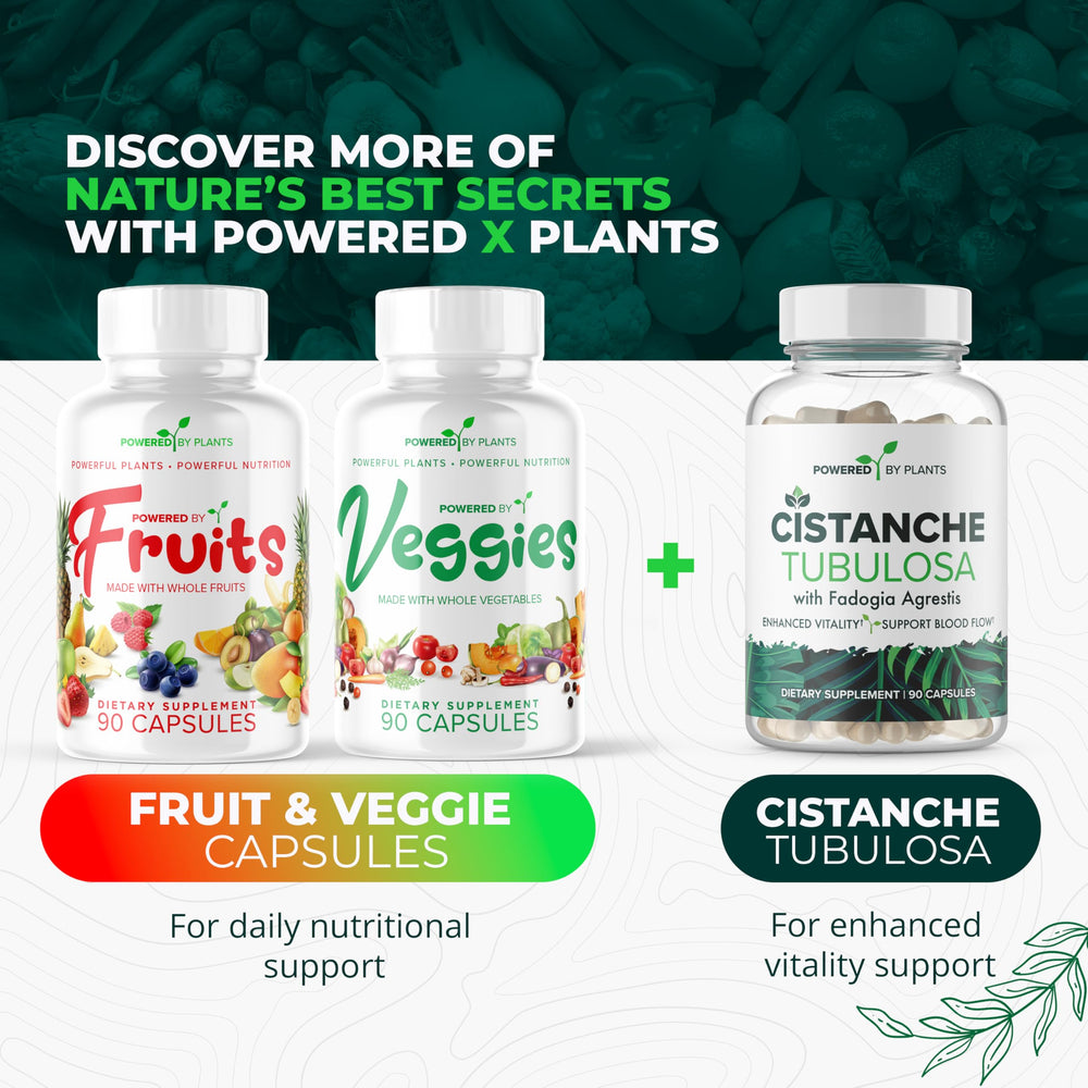 Powered by Plants Daily Fruits and Veggies packaging-box displays 180 capsules per bottle.