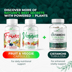 Powered by Plants Daily Fruits and Veggies packaging-box displays 180 capsules per bottle.