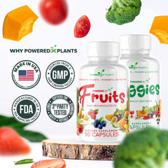 Powered by Plants Fruit-Veg blend illustration emphasizes antioxidant-rich ingredients.