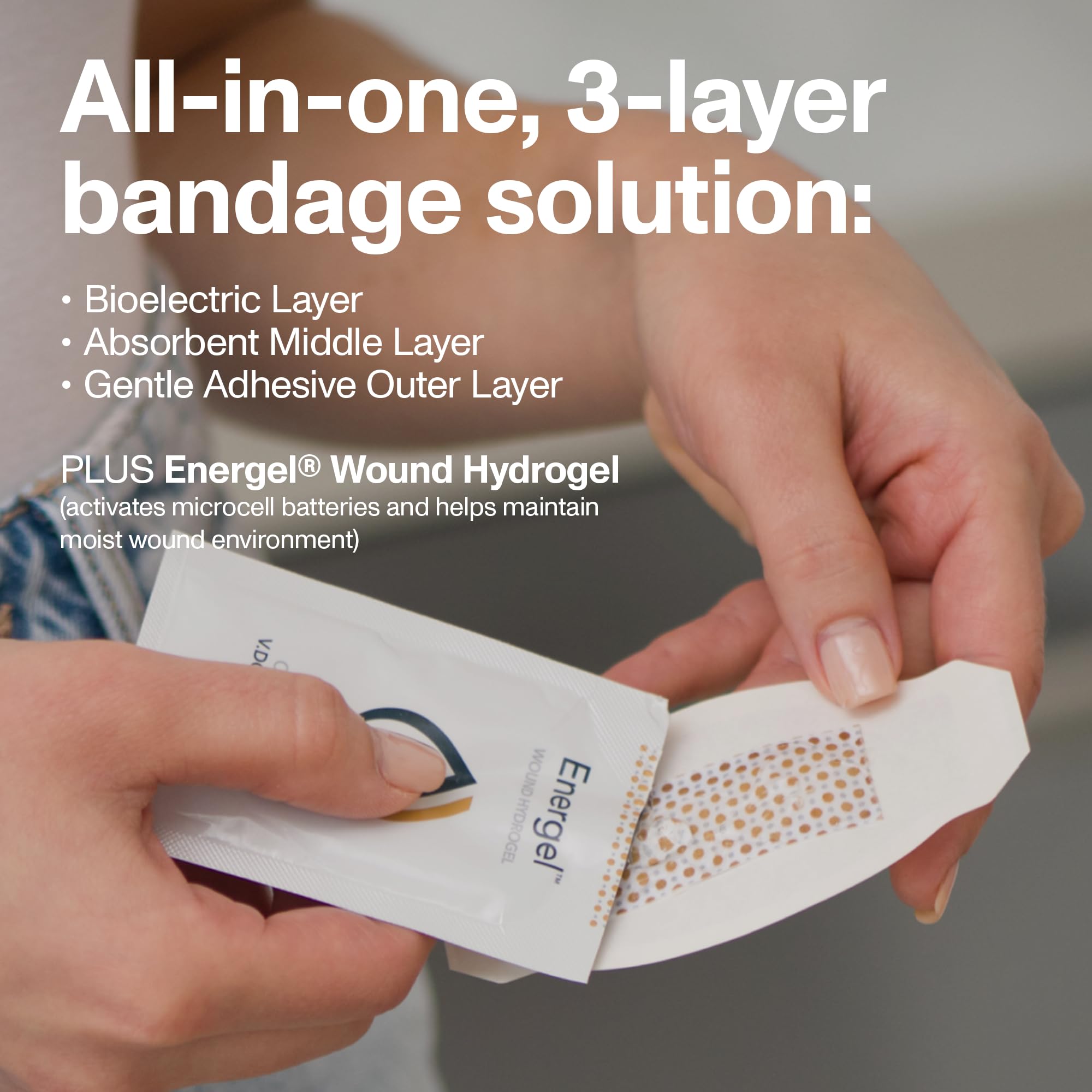 PowerHeal bandage arm close-up reveals absorbent middle layer in action.