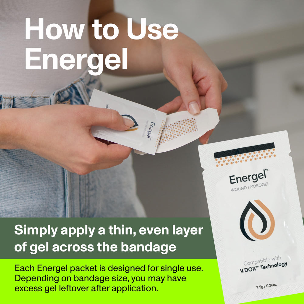 PowerHeal wound hydrogel sachet visible beside bandage for activation.