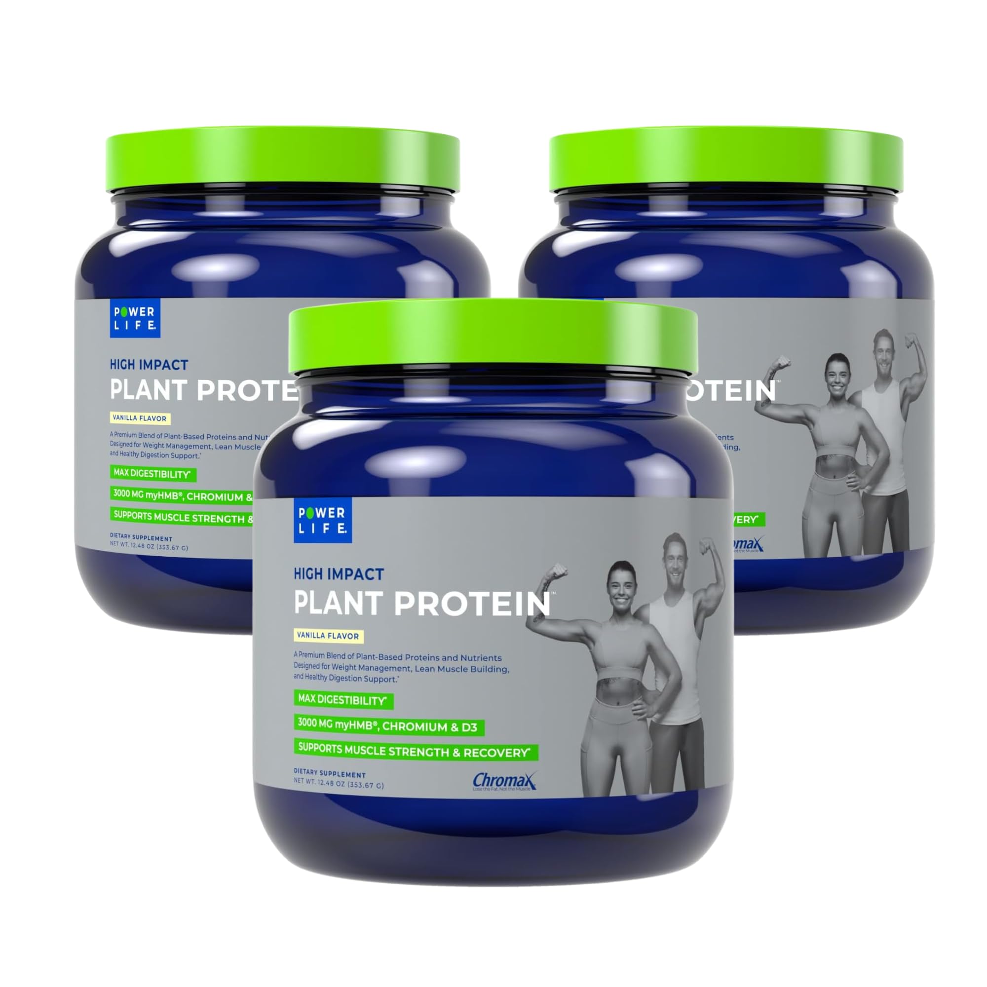 POWERLIFE High Impact Plant Protein Vanilla bottle shows a protein blend for muscle support.