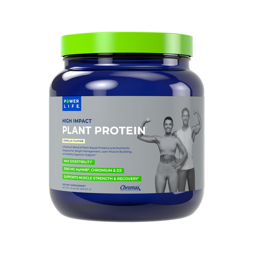 POWERLIFE High Impact Plant Protein vanilla powder bottle boosts lean muscle and steady energy.
