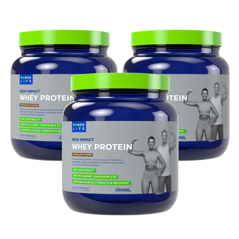 POWERLIFE High Impact whey protein front label highlights grass-fed formula and HMB support for workouts.