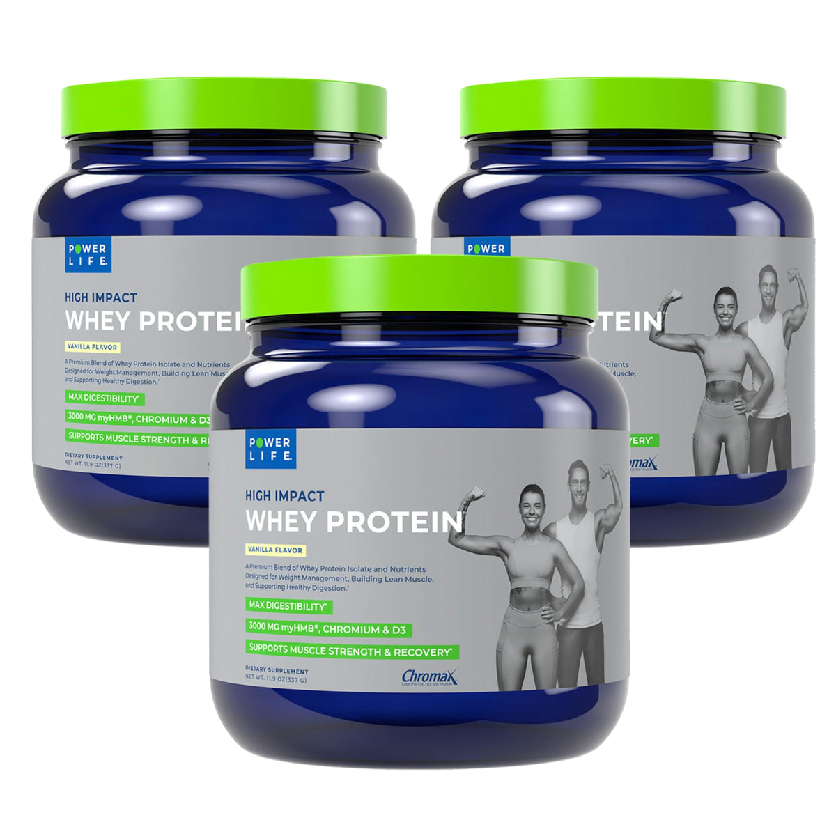 POWERLIFE High Impact Whey Protein Vanilla bottle pour supports lean muscle and post-workout fueling.
