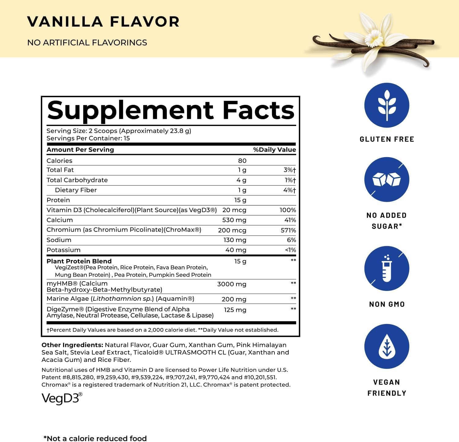 POWERLIFE HMB Vitamin D3 Vanilla bottle emphasizes muscle maintenance and vitamin D3 support.