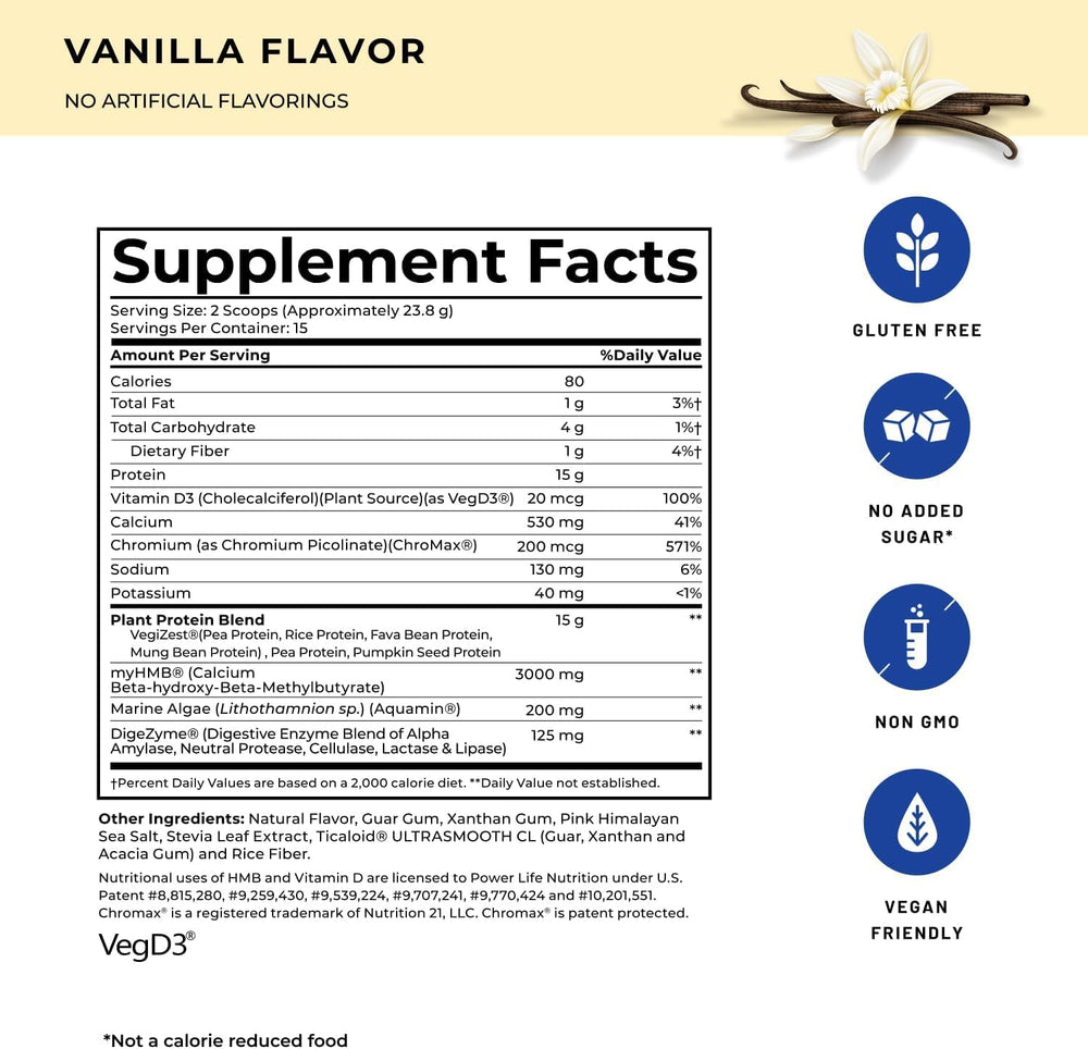 POWERLIFE HMB Vitamin D3 Vanilla bottle emphasizes muscle maintenance and vitamin D3 support.