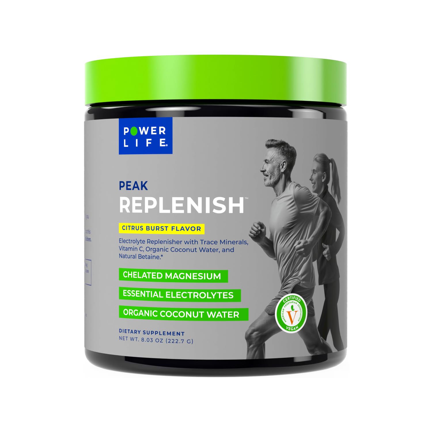 POWERLIFE Peak Replenish bottle pouring to boost hydration during workouts.
