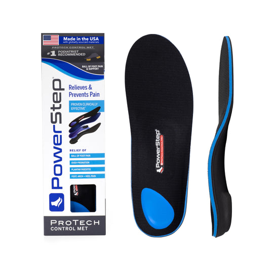 PowerStep ProTech Control Met orthotics with metatarsal pad for ball-of-foot relief and arch support in daily wear
