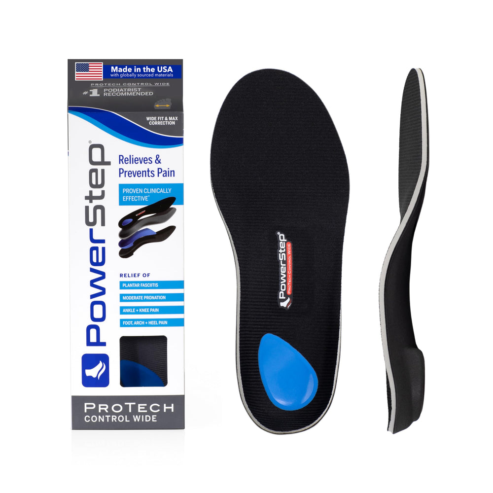PowerStep ProTech Control Wide orthotic insert with arch support and heel cradle for wide feet.