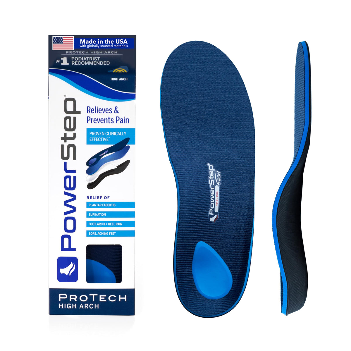 PowerStep ProTech High Arch Insoles provide full-length support for supination and heel comfort.