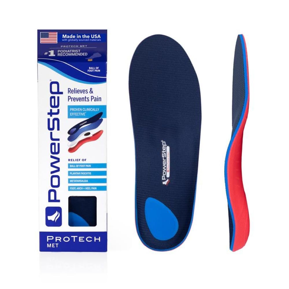 PowerStep ProTech Met orthotic inserts with metatarsal pad support the arch and ball of foot comfort.