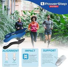 PowerStep ProTech Met orthotics fitting athletic shoes with removable insoles.