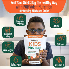 POWkids chocolate powder on spoon showcasing rich flavor and clean ingredients