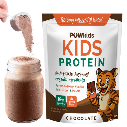 POWkids chocolate protein powder pour shows a kid-friendly post-activity shake idea