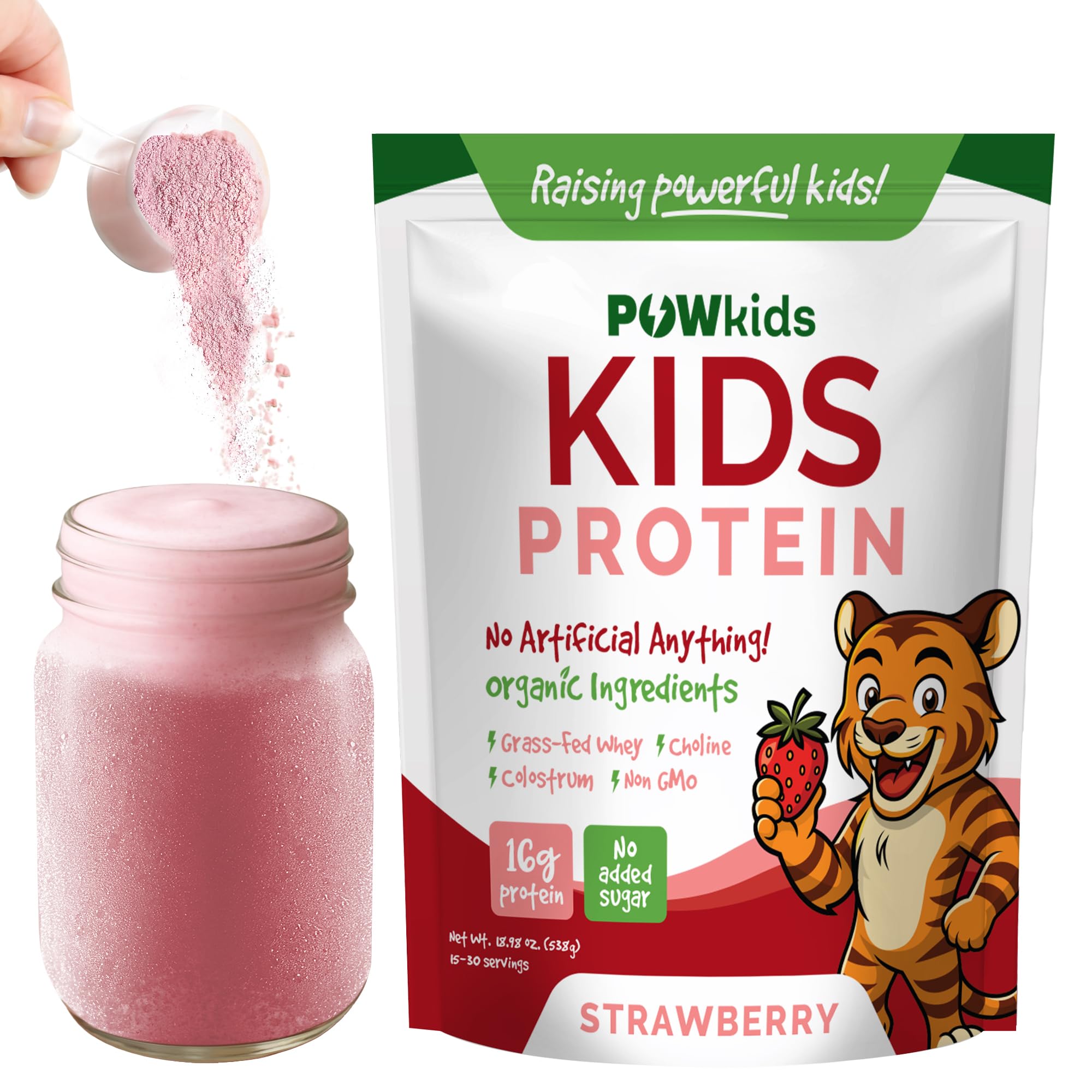 POWkids strawberry flavor tub highlights organic ingredients for kid-friendly nutrition.