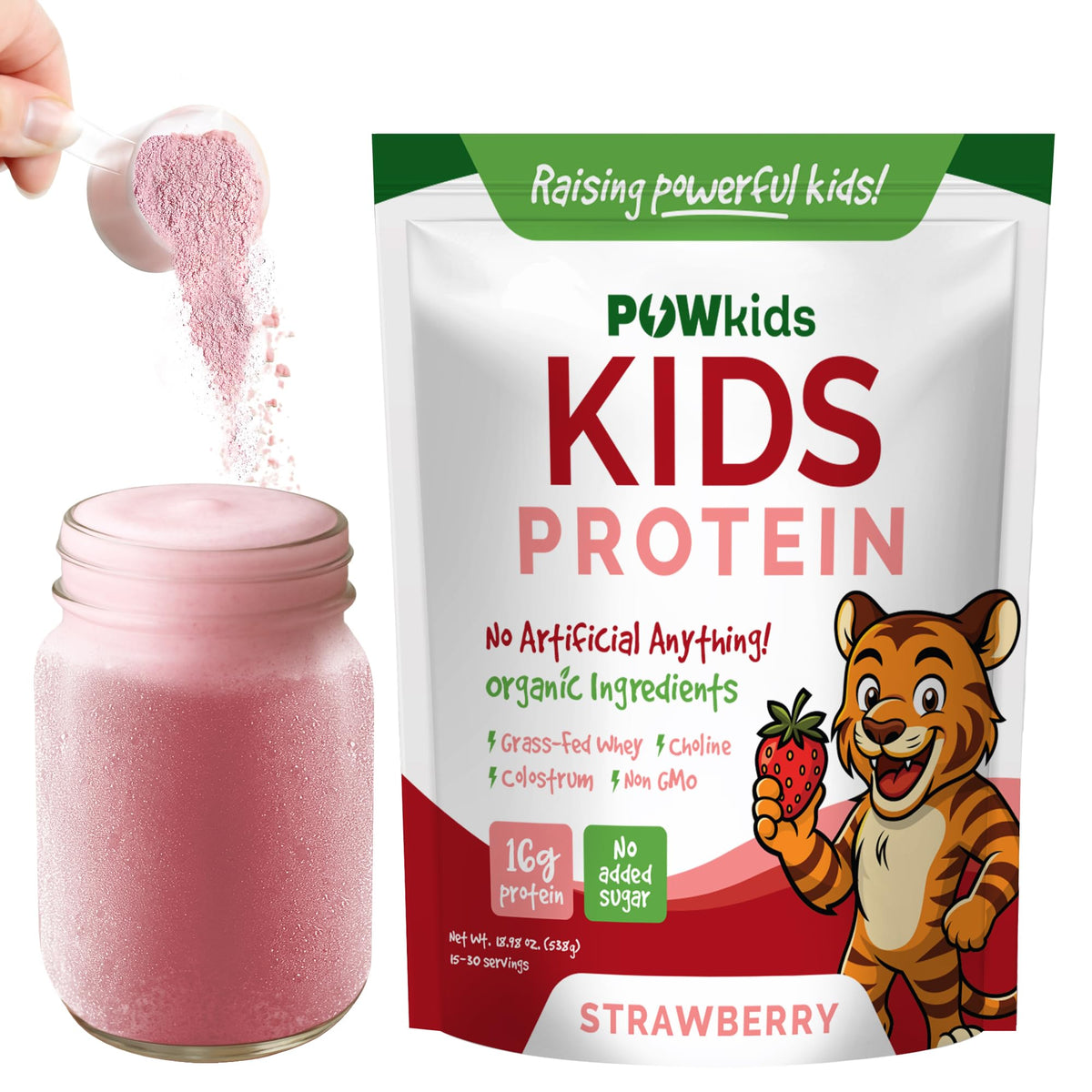POWkids strawberry flavor tub highlights organic ingredients for kid-friendly nutrition.