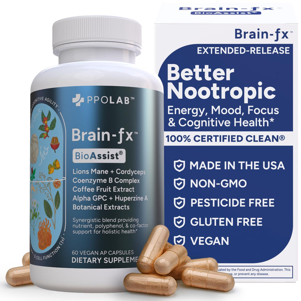 PPO Lab Brain-fx extended-release bottle promotes day-long focus and mental clarity.