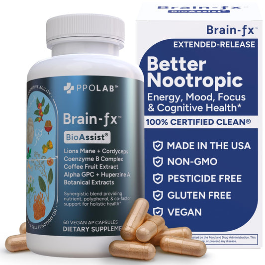 PPO Lab Brain-fx extended-release bottle promotes day-long focus and mental clarity.