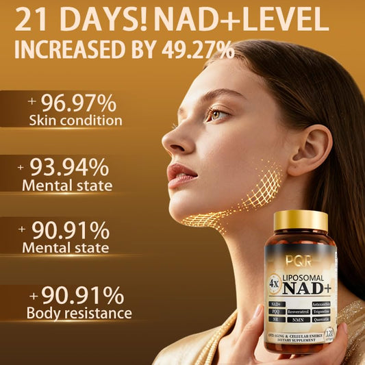 PQR liposomal NAD capsules close-up emphasizing high absorption potential.