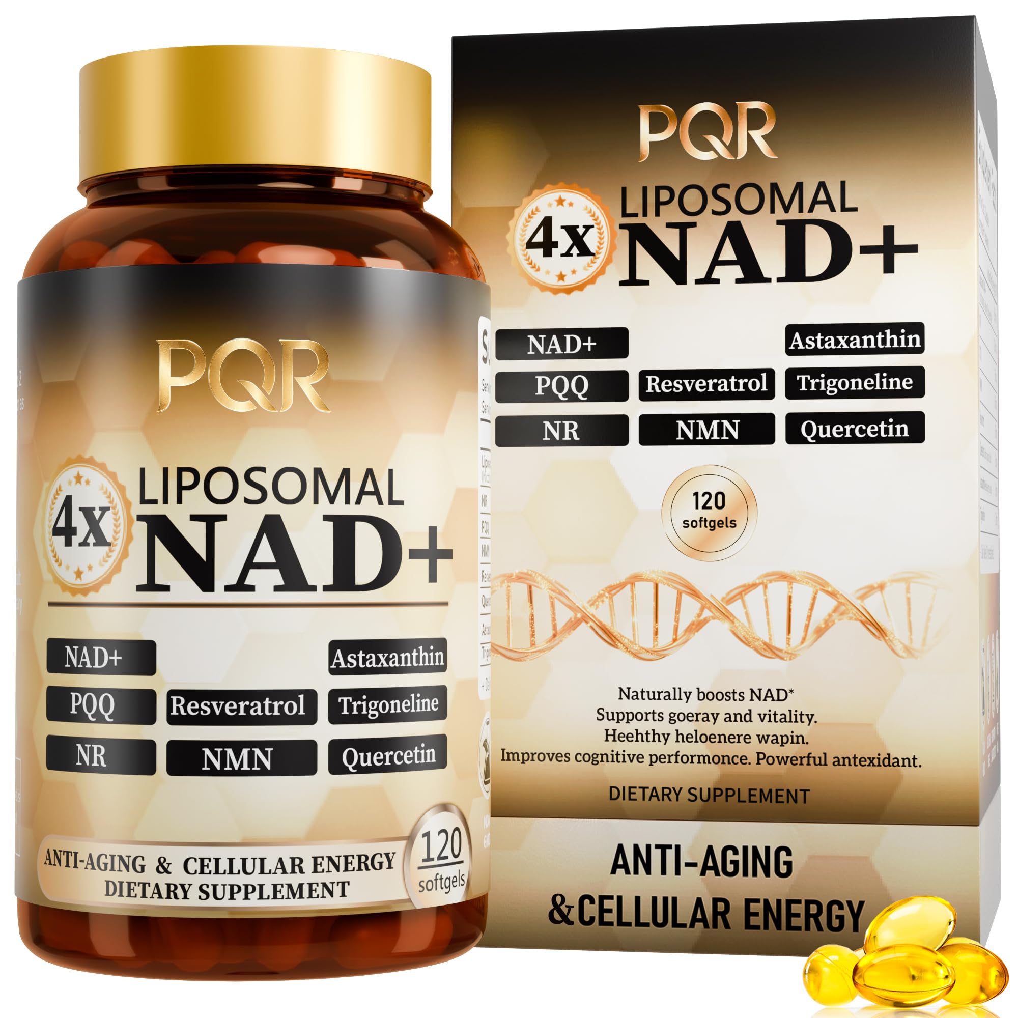 PQR NAD Supplement 1200mg bottle on white background highlighting liposomal delivery.