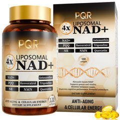 PQR NAD Supplement 1200mg bottle on white background highlighting liposomal delivery.