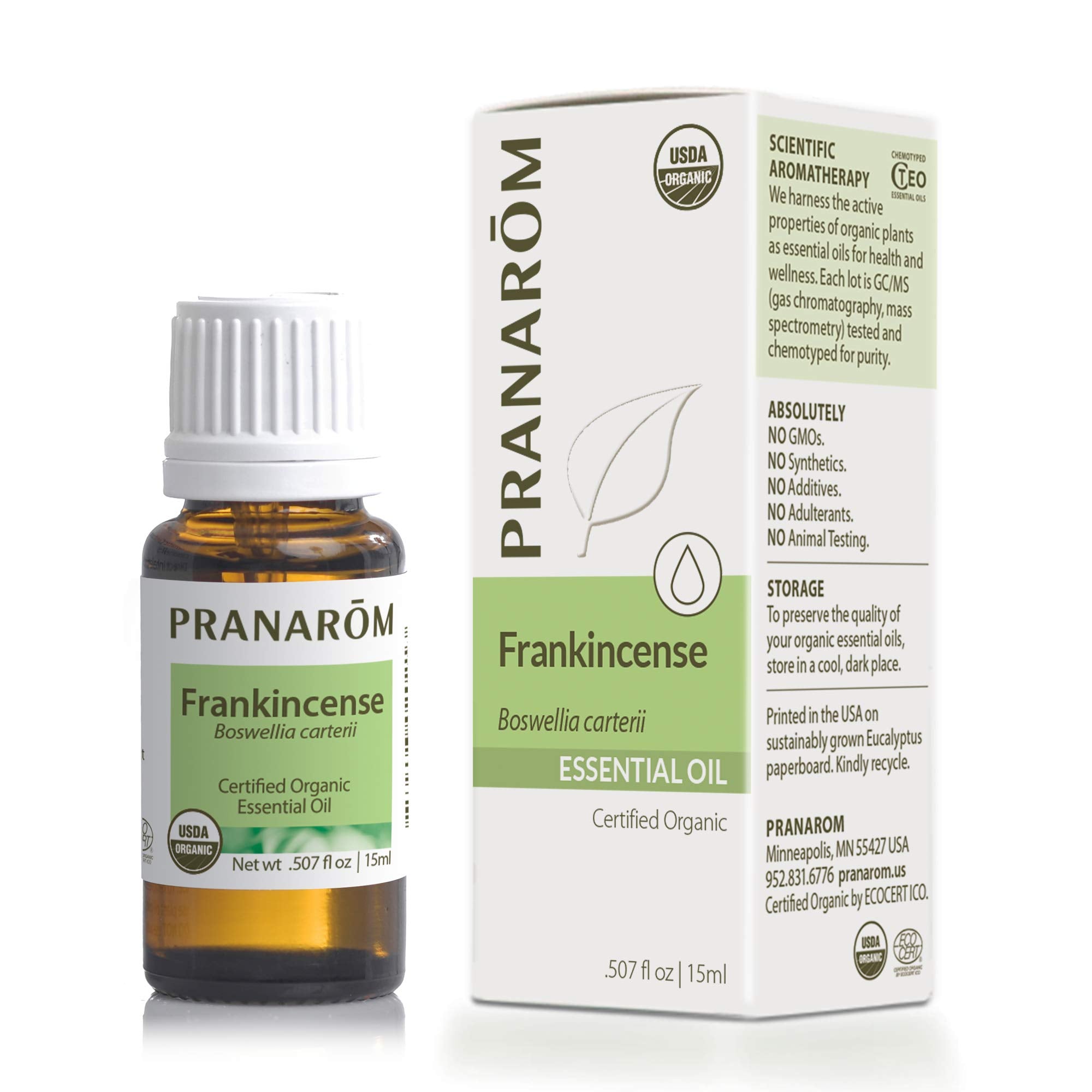 Pranarom Frankincense oil bottle with dropper for precise topical application and aromatherapy.