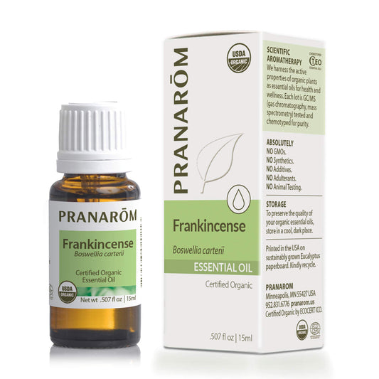 Pranarom Frankincense oil bottle with dropper for precise topical application and aromatherapy.