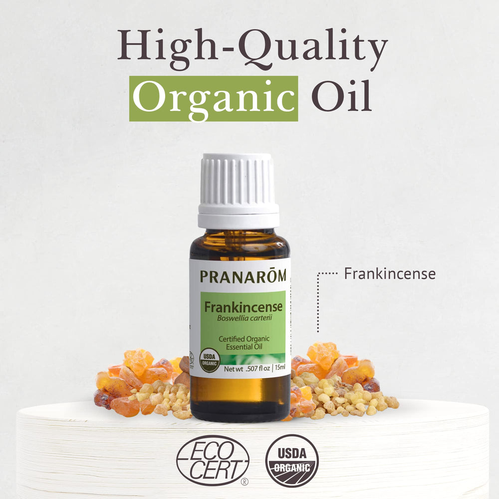 Diffuser session with Pranarom Frankincense oil releasing a fresh, resinous aroma.