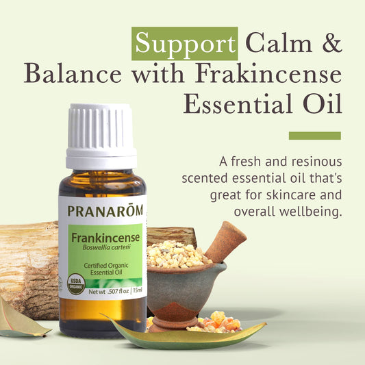 Close-up of Pranarom Frankincense oil label showcasing USDA Organic certification.