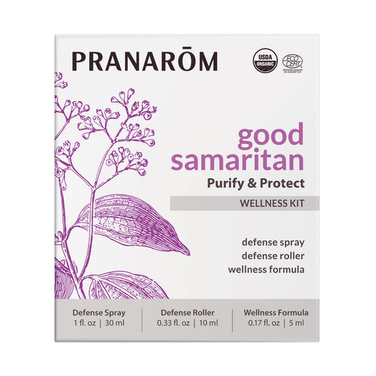 Pranarom Good Samaritan oil bottle close-up prepared for diffusion and aroma.