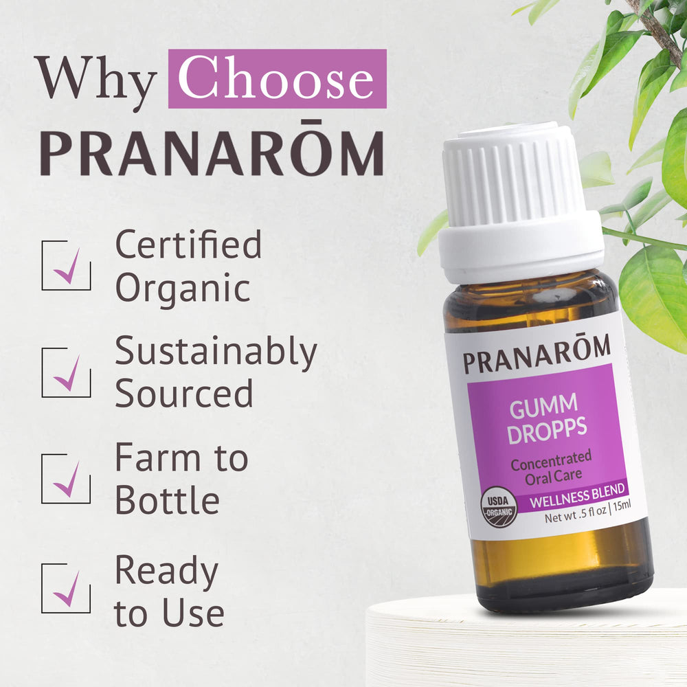 Pranarom Gumm Dropps included in daily oral care routine.