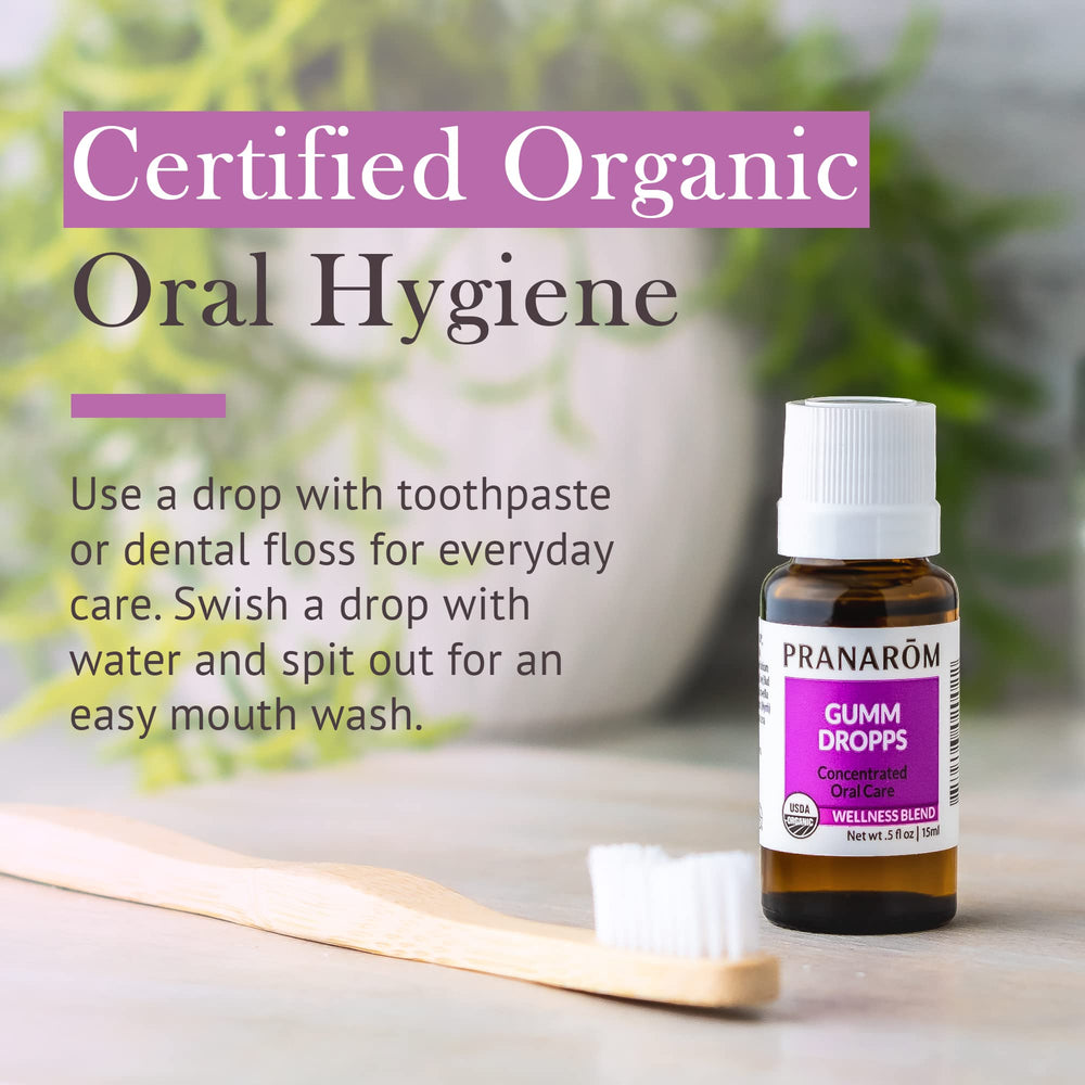 Pranarom Gumm Dropps label highlights organic essential oils.