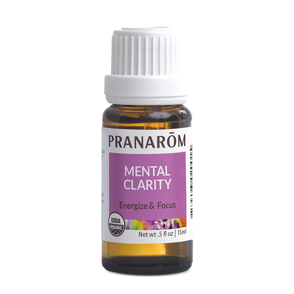 Pranarom Mental Clarity bottle pouring releases peppermint and citrus aroma for focus.