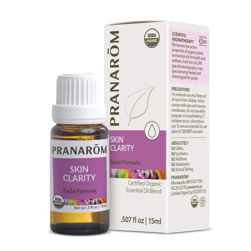 Pranarom Skin Clarity bottle pour for blemish-friendly skincare.