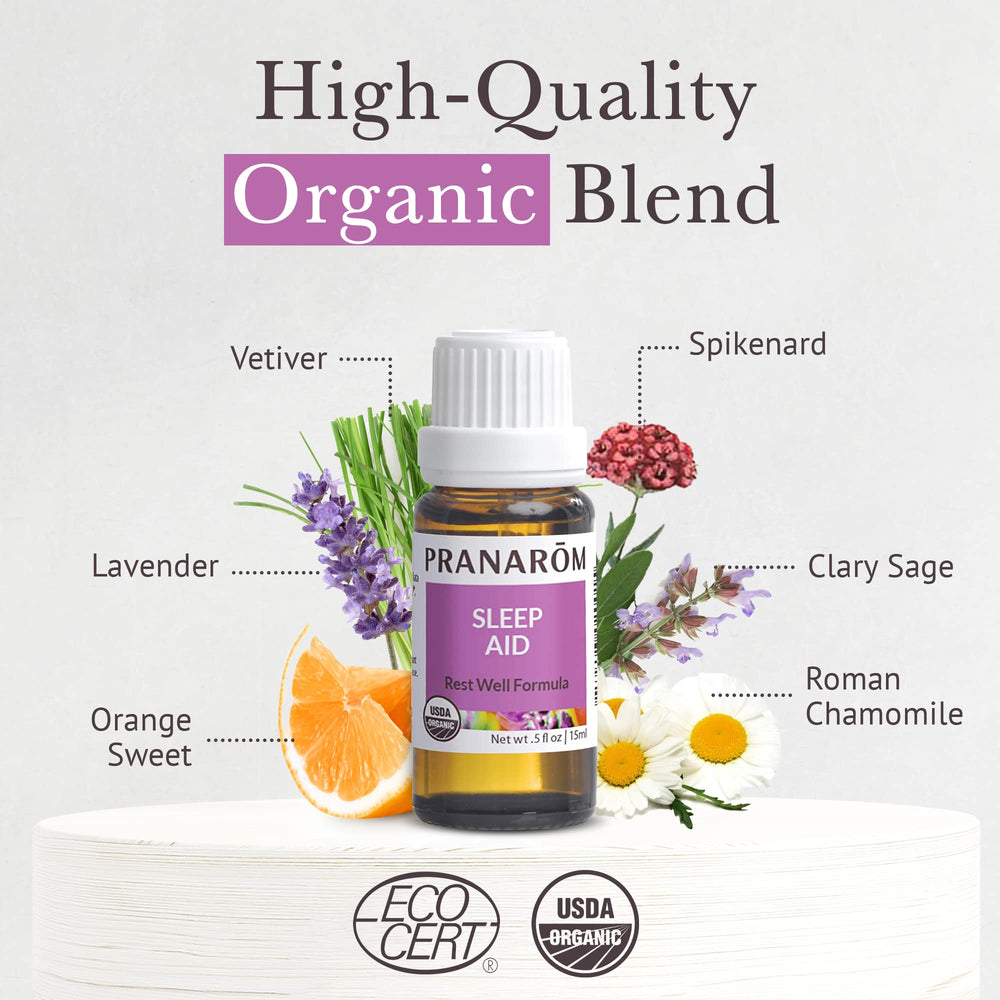 Close-up of Pranarom Sleep Aid bottle pour showing pure organic essential oil.