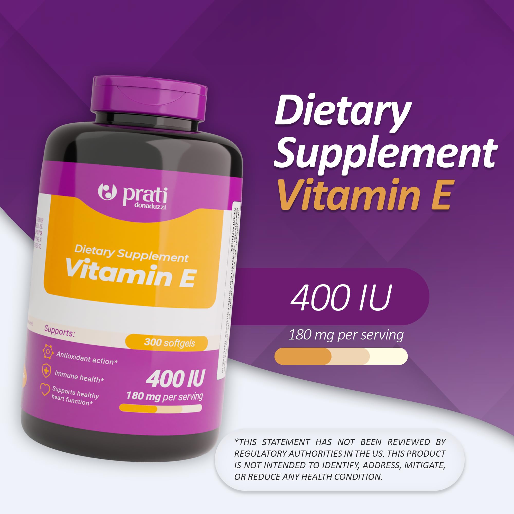 Prati Donaduzzi Vitamin E 400 IU bottle label close-up showing product details.