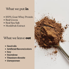Pravi Nutrition Goat Whey scoop pours into shaker for convenient daily protein.