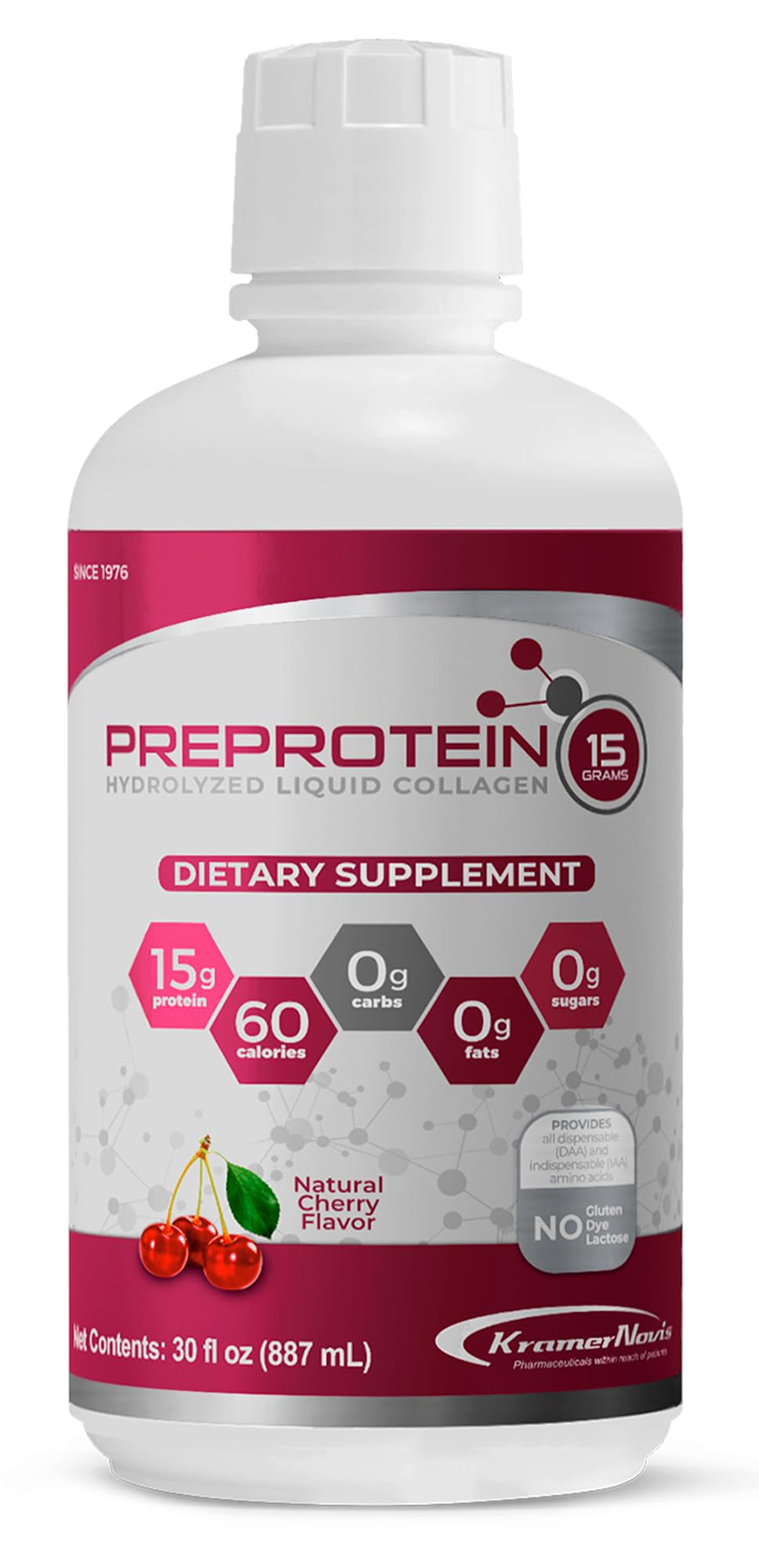 Pre-Protein 15g liquid bottle illustrating high-protein recovery for joints and tissue repair.