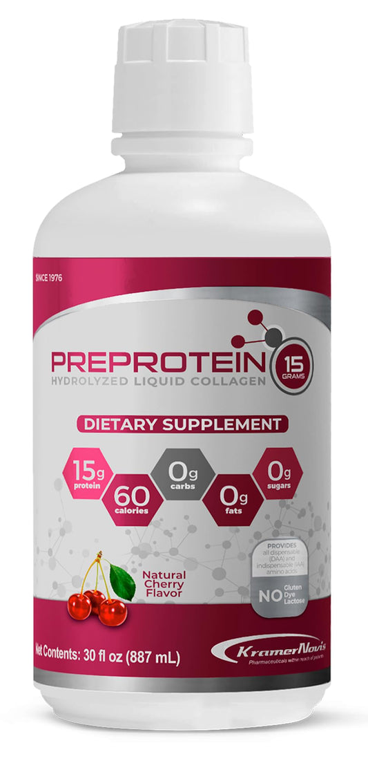 Pre-Protein 15g liquid bottle illustrating high-protein recovery for joints and tissue repair.