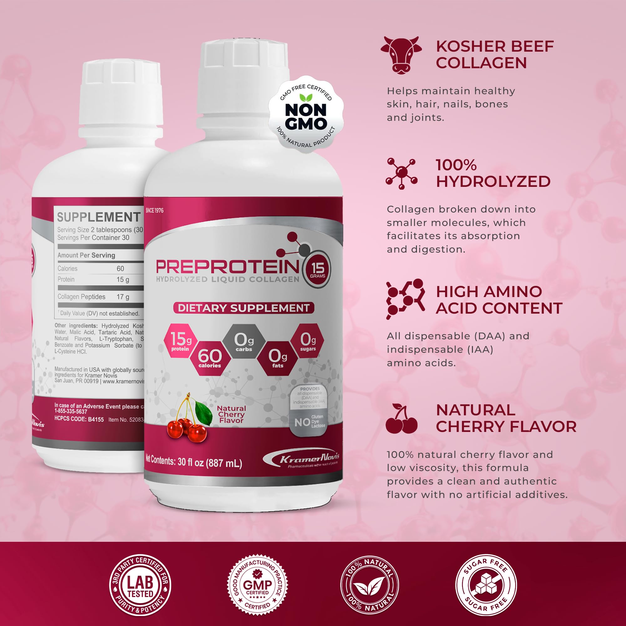 Pre-Protein sugar-free cherry flavor bottle highlighting easy, on-the-go nutrition.