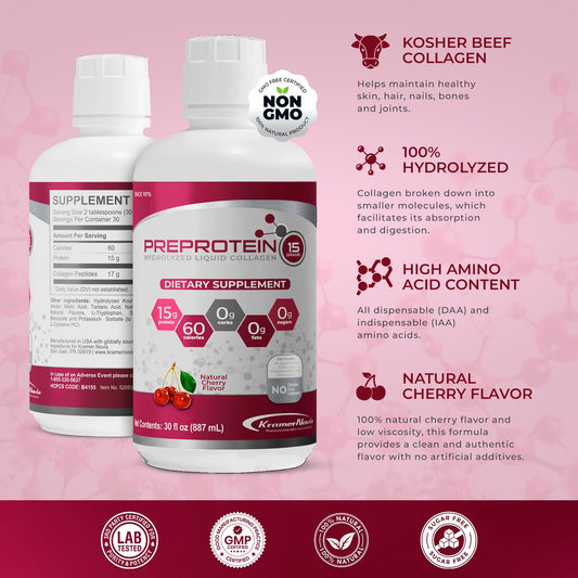 Pre-Protein sugar-free cherry flavor bottle highlighting easy, on-the-go nutrition.