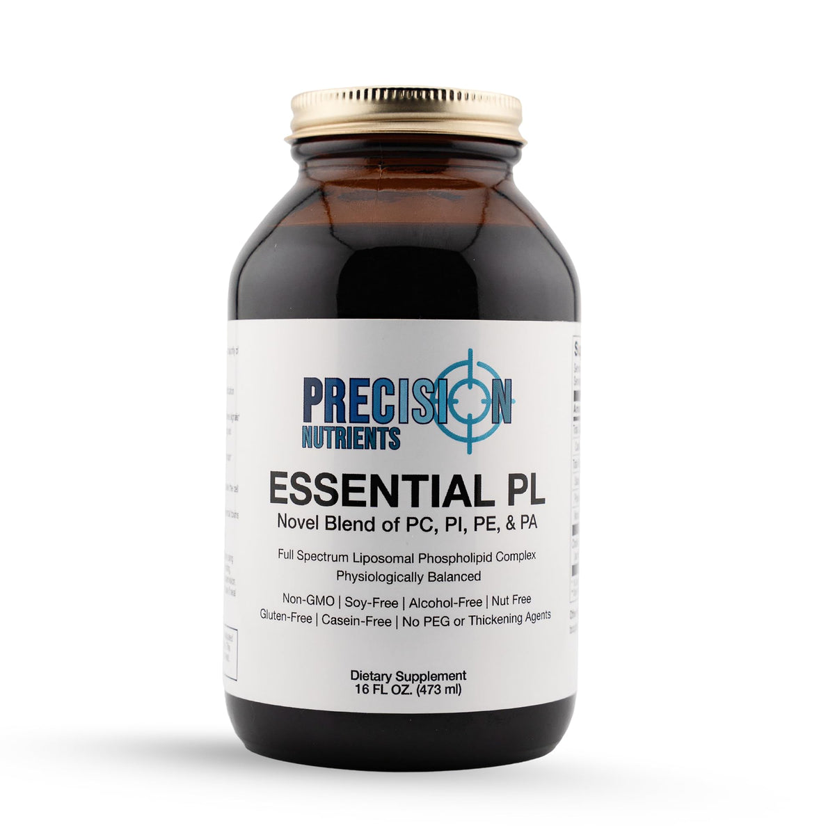 Precision Nutrients Essential Phospholipid Complex bottle shows sunflower-derived lipids for cellular support.