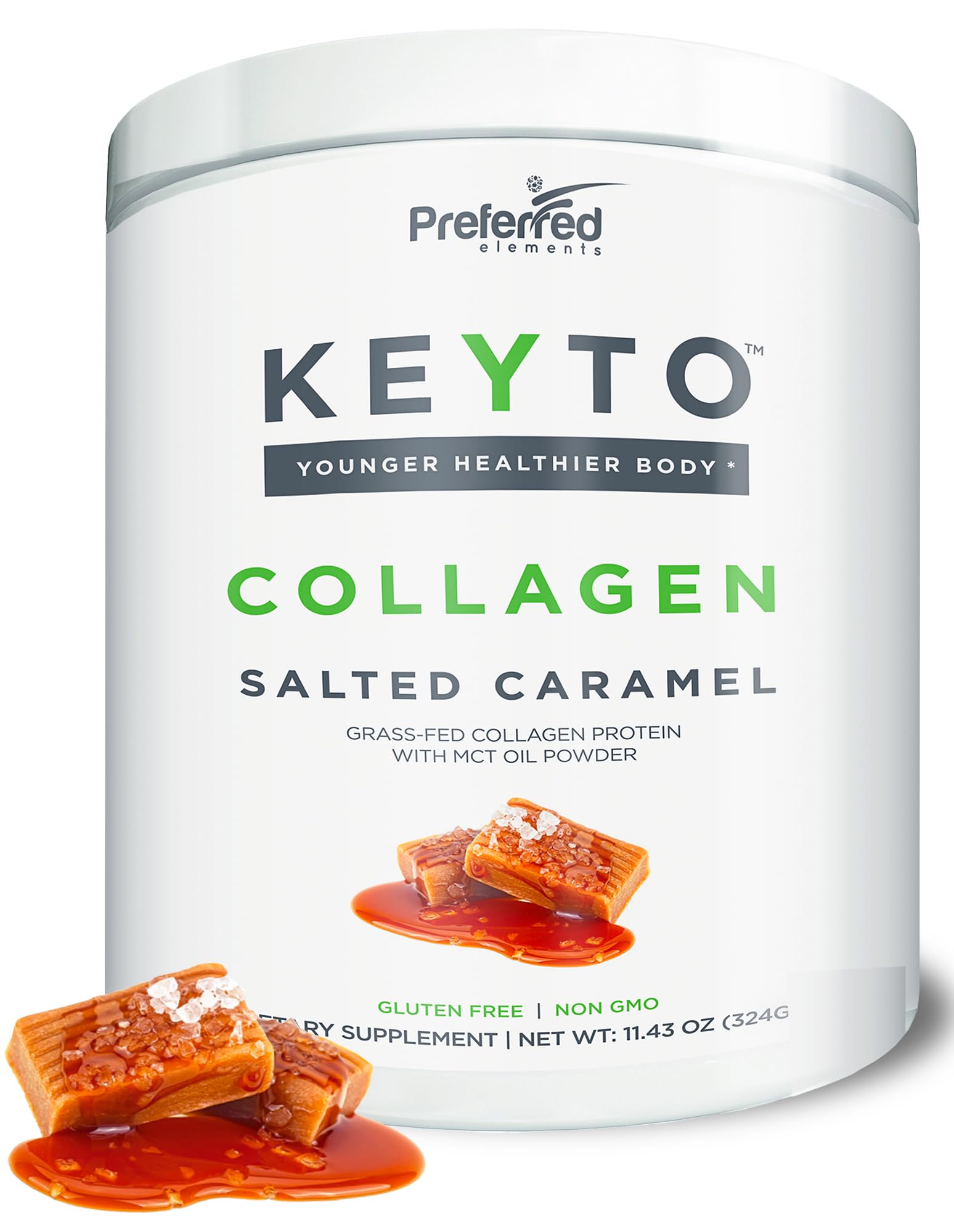 Preferred Elements Keto Collagen Salted Caramel bottle shows keto friendly protein support