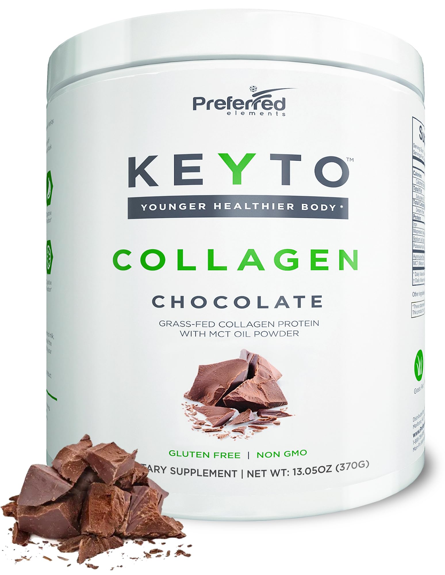 Preferred Elements KEYTO chocolate bottle closeup shows high-potency collagen.