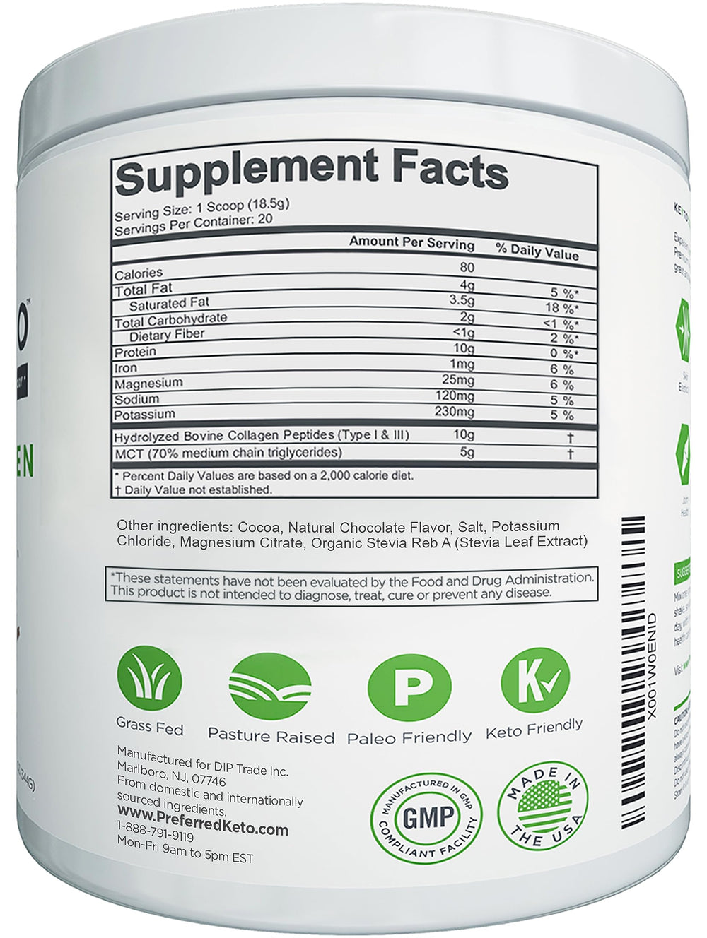 Preferred Elements KEYTO chocolate ingredients label features grass-fed collagen.